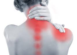 Woman holding her neck and red areas along her back indicating where the pain is